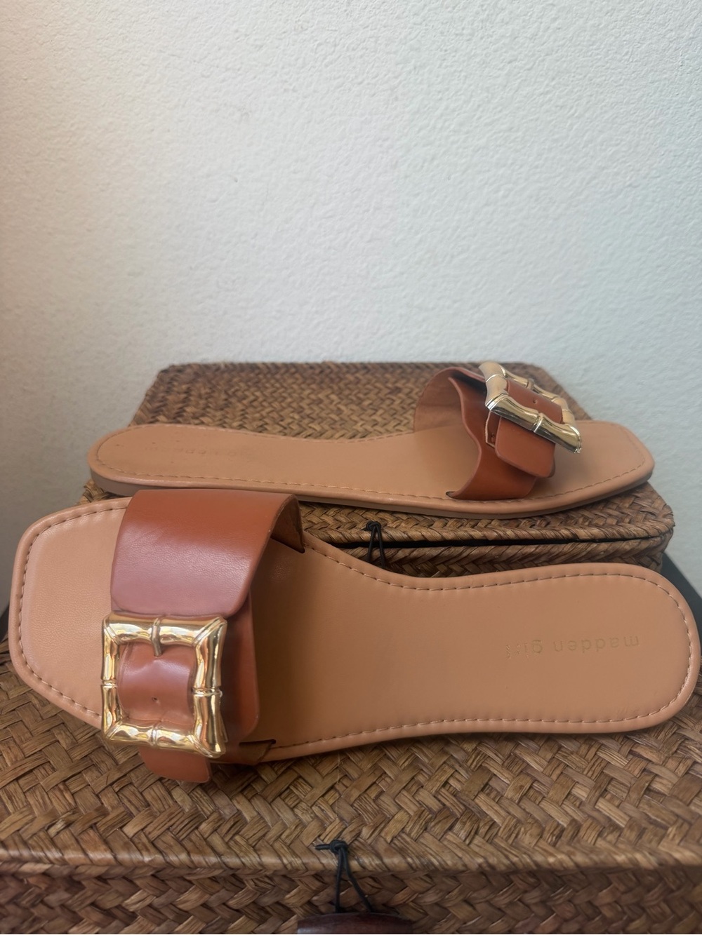 Madden Girl Tan Slide Sandals with Gold Buckle
